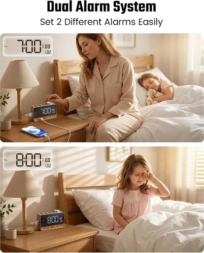 Vista 12 de SUPERDANNY Reloj despertador con PD de 20 W, 4 puertos USB, tira de alimentación de 2 tomas de CA, relojes despertadores digitales para dormitorios