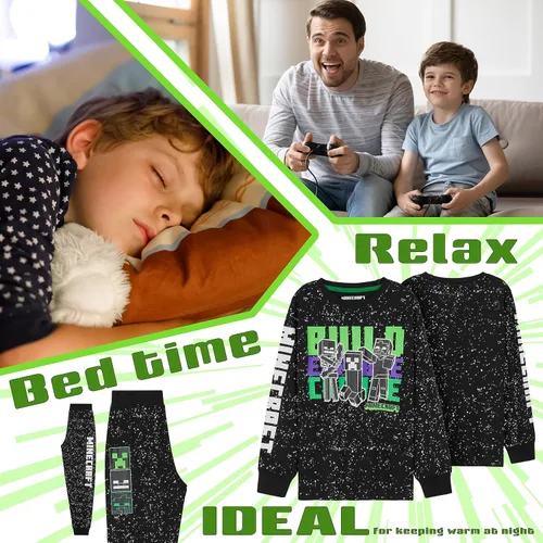 Vista 5 de Minecraft Conjunto de pijama para niños, ropa de descanso, camiseta larga o camiseta y pantalones para adolescentes, pijamas para niños de 5 a 14
