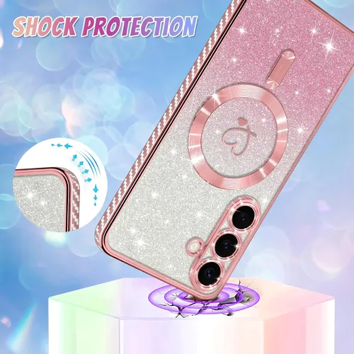 Vista 364 de Bonoma - Funda compatible con Samsung Galaxy S21 Plus, diseño de corazón con purpurina, color rosa Support for MagSafe, Plating Magnetic Case TPU