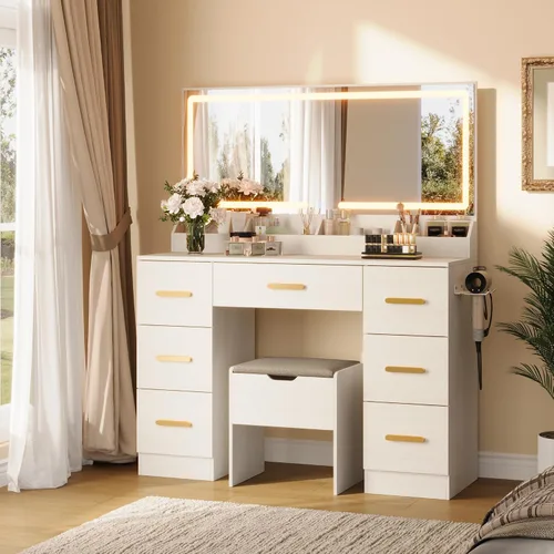Vista 10 de Garvee Escritorio de tocador con espejo grande y luces, escritorio de maquillaje de 45.9 pulgadas, 3 modos de iluminación de brillo ajustable, mesa