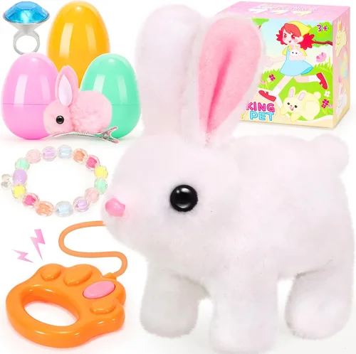 Vista 9 de CatchCute - Conejitos de peluche de Pascua para niños, conejo interactivo con sonidos, puede caminar y mover la cola con correa de control remoto