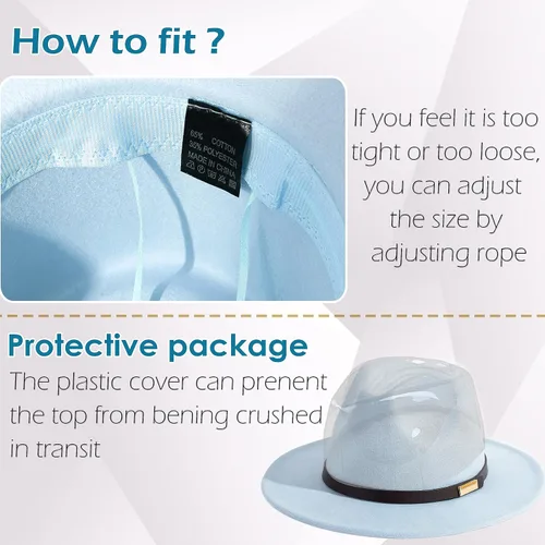 Vista 108 de Sombreros Fedora para hombre, sombrero Panamá de ala ancha con cinturón clásico Unisex Felt Fedora, Adjustable Fit, Breathable Sweatband, All-Day