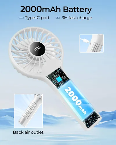 Vista 2 de Ventilador de mano portátil, batería recargable de 2000 mAh, viento de 5 velocidades, pantalla LED, mini ventilador de viaje personal, la parte