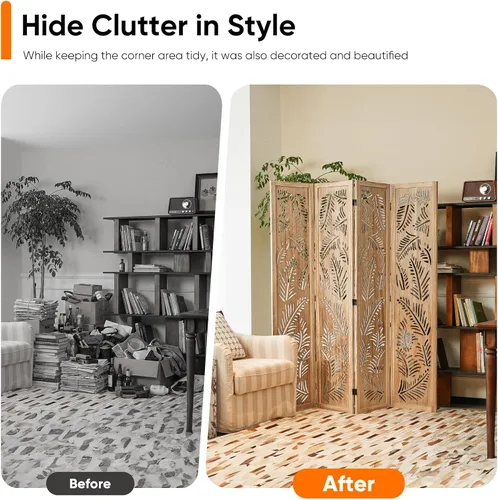 Vista 7 de JOSTYLE Divisor de habitación bohemio con tallado de plumas, pantalla de madera calada de 4 paneles, división plegable decorativa para dormitorio