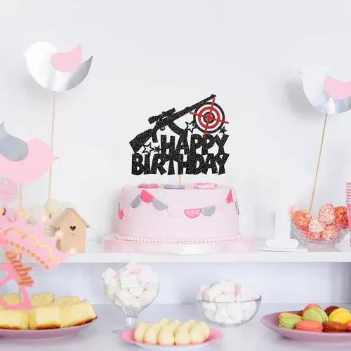 Vista 8 de Decoración para tartas de cumpleaños con temática de disparos de pistola, decoración de pastel de cumpleaños para hombre