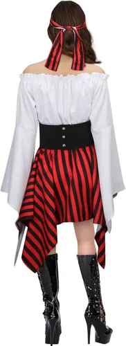 Vista 3 de 5 piezas de disfraz de pirata para mujer, cosplay, renacentista, blusa superior, corsé, cinturón de cintura, falda, rayas, pañuelo para la cabeza