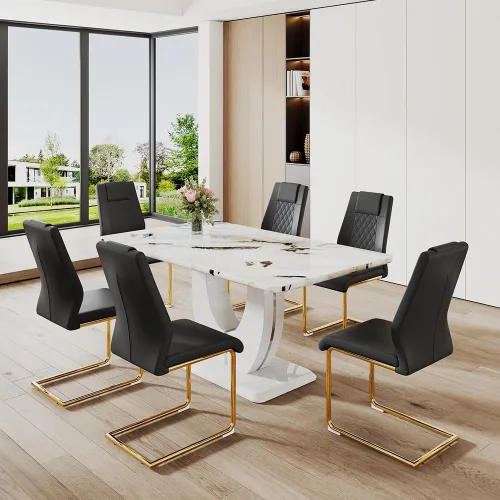 Vista 7 de JUFU Juego de mesa de comedor moderno para 4, juego de mesa de cocina rectangular de 63 pulgadas con mesa de mármol sintético y 4 sillas tapizadas