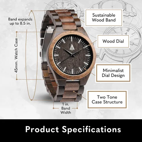 Vista 4 de Reloj Treehut para hombre de madera de ébano y nogal con correa de madera y movimiento de cuarzo analógico