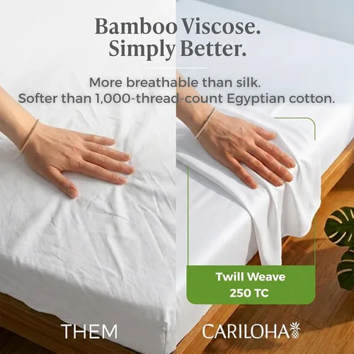 Vista 3 de Juego de sábanas de bambú clásico de Cariloha de 4 piezas – Sábanas y fundas de almohada más suaves (matrimonial, blanco)