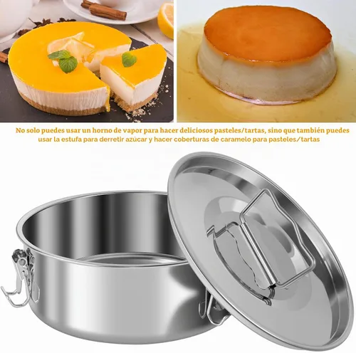 Vista 4 de Molde de flan de acero inoxidable con capacidad de 1.5 cuartos de galón con tapa y espátula, recipientes redondos para flan de 6 a 8 cuartos