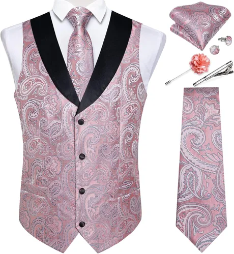 Vista 9 de DiBanGu Chaleco de traje de cachemira para hombre, chaleco jacquard de seda y corbata, chaleco formal de cuello de chal, 7 piezas para fiesta