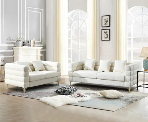 Vista 12 de Cómodo sofá de 3 plazas, sofá Boucle de gran tamaño de 81 pulgadas con diseño de asiento profundo, sofá tapizado con 2 almohadas, moderno sofá