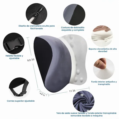 Vista 5 de Almohada cervical para aliviar el dolor de cuello y soporte cervical, almohada de espuma viscoelástica para asiento de automóvil con correa