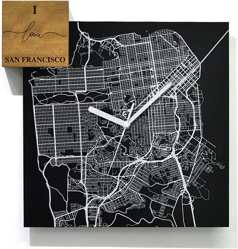 Vista 38 de Modern Wall Clock - Black Aluminum with Silver Fiber Laser Engraving - Square - Contemporary Design - Personalized City Map - Home Town - Location