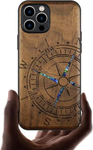 Vista 8 de Carveit Funda protectora de madera de diseñador para iPhone 12 Pro, cubierta magnética, grabado en madera e incrustaciones de concha, funda