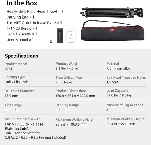 Vista 8 de SmallRig AD-01 Trípode de video, 73" Trípode de alta resistencia con cabezal de fluido de 360 grados y placa de liberación rápida para DSLR