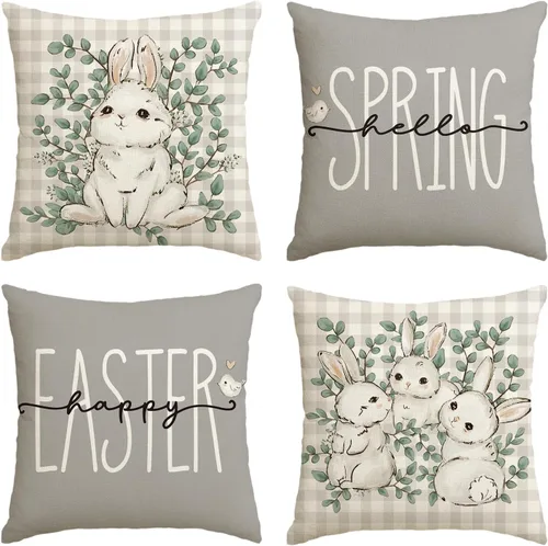Vista 9 de AVOIN colorlife Happy Easter Buffalo - Funda de cojín de conejo a cuadros, 16 x 16 pulgadas, diseño de hojas de eucalipto, Hello Spring, para sofá