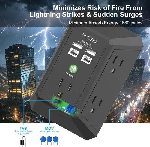 Vista 5 de Cargador de pared, protector de sobretensiones, extensor de 5 salidas con 4 puertos de carga USB (2USB-C), adaptador de enchufe múltiple de 3 lados