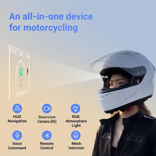 Vista 2 de Casco de Motocicleta E6+ HUD, Pantalla de Visualización Frontal, Bluetooth, GPS, CarPlay, Android Auto, Intercomunicador de Malla, Cámara de Visión