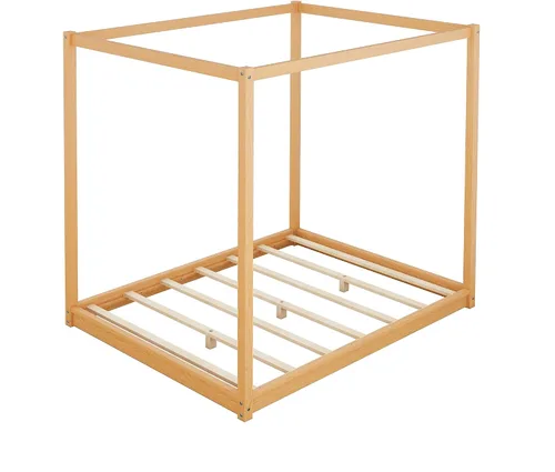Vista 6 de Base de cama Queen con patas de toldo, plataforma de madera, soporte de listones de madera, no necesita somier Natural