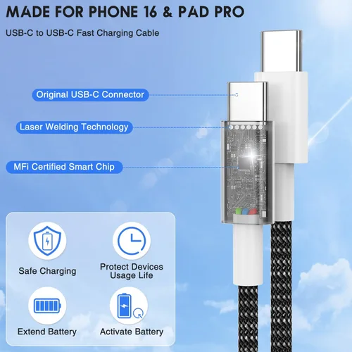 Vista 4 de Cable de carga rápida USB C a C de 10 pies, cable de carga largo tipo C a USB C para Apple iPhone 17 Pro Max/17 Air/16 Pro/15 Plus, MacBook Pro
