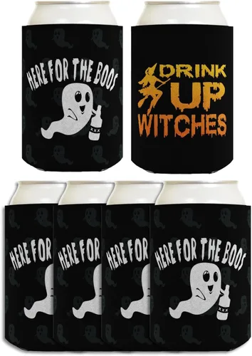 Vista 27 de Decoración espeluznante de Halloween Bebe brujas aquí para los abucheos 2 caras Paquete de 2 termoenfriadores ultra delgados para latas