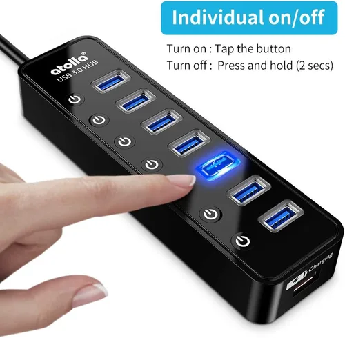 Vista 3 de Hub USB 3.0 alimentado, divisor de concentrador de datos USB de 7 puertos Atolla con un puerto de carga inteligente e interruptores individuales