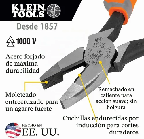 Vista 2 de Klein Tools 9418R - Juego de herramientas aisladas de 1000 V, fabricado en Estados Unidos, con cortador lateral, cortador diagonal, alicates