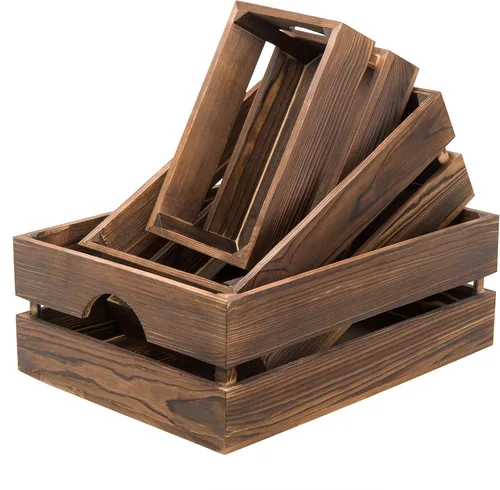 Vista 6 de MyGift Caja organizadora de almacenamiento rústica de madera maciza marrón oscuro con asa, 3 piezas de varios tamaños decorativos