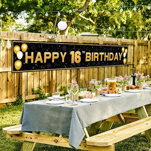 Vista 5 de Decoraciones de cumpleaños número 16 para niños y niñas, pancarta de decoración de feliz cumpleaños de 16 años en negro y dorado, suministros