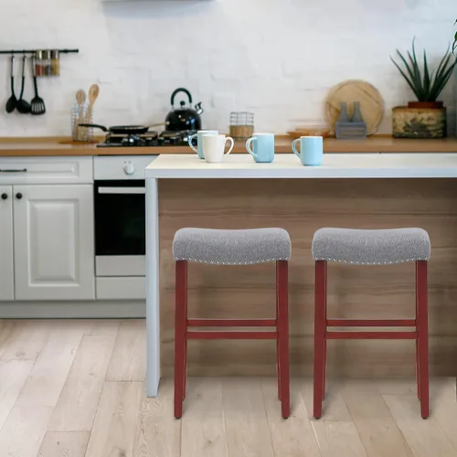 Vista 2 de WO Home Furniture Taburete de bar de 29 pulgadas, taburete tapizado sin espalda con patas de madera rojo cereza para cocina (gris)