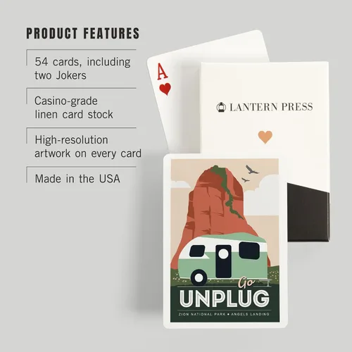 Vista 3 de Lantern Press Angels Landing, Zion National Park, Utah, Go Unplug, Retro Camper, 52 Playing Cards for Adults, Poker Size Card Deck