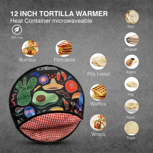 Vista 4 de Tortillada - Calentador de tortilla de 12 pulgadas/recipiente de calor para microondas hecho de algodón/poliéster (negro)