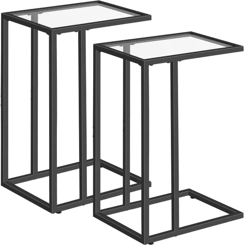Vista 12 de HOOBRO - Mesa auxiliar en forma de C, mesa auxiliar de cristal con marco de metal Mesa de centro para espacios pequeños, estilo moderno, para sala