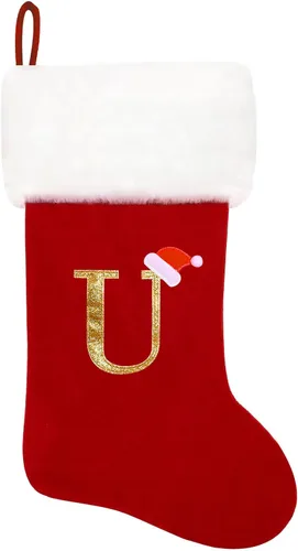 Vista 196 de Calcetines de Navidad bordados de 20 pulgadas con monograma, terciopelo negro con puño de felpa blanca supersuave, adornos clásicos para decoración