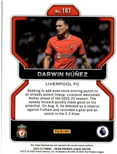 Vista 2 de 2022-23 PANINI PRIZM PREMEIR LEAGUE #187 DARWIN NUNEZ LIVERPOOL FC SOCCER OFFICIAL TRADING CARD OF THE PRO