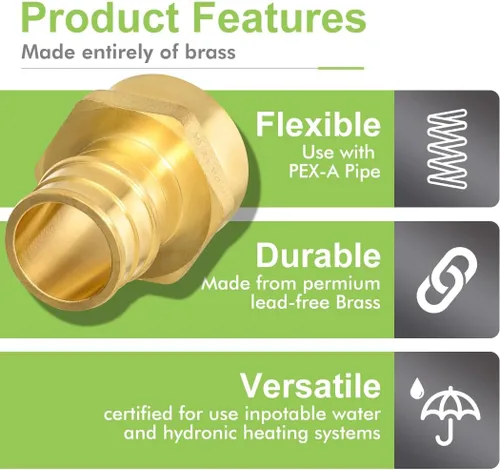 Vista 4 de Paquete de 2 adaptadores Pex-A hembra, 1 pulgada hembra NPT a 1 pulgada PEX-A latón expansión PEX-A accesorios PEX-A, latón sin plomo NSF/ANSI 61