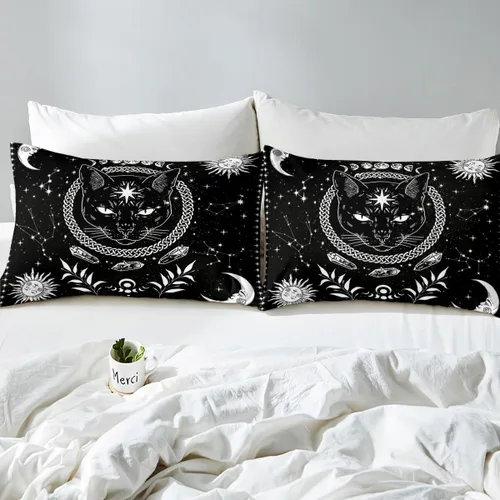 Vista 6 de Juego de ropa de cama de animales de gato misterioso, bohemio, exótico, tribal, abstracto, arte abstracto, juego de funda de edredón para decoración