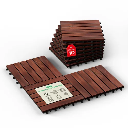 Vista 13 de Idzo Baldosas de Terraza Entrelazadas 9.6 PIES CUADRADOS - 10 PIEZAS Baldosas Impermeables de Madera de Acacia para Patio, Baldosas de Piso