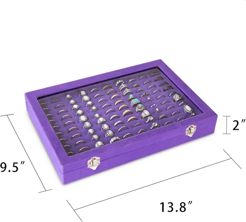Vista 2 de Frebeauty Bandeja organizadora de anillos con 100 ranuras para anillos con tapa transparente, caja de almacenamiento de anillos de terciopelo