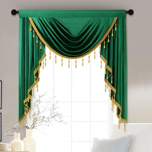 Vista 12 de Cenefas de cortina de terciopelo negro de lujo para sala de estar con cuentas (39 pulgadas, 1 panel)