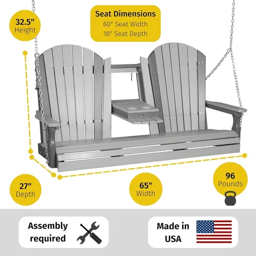 Vista 2 de LuxCraft Adirondack - Columpio colgante para porche delantero de 5 pies con consola abatible, asientos hasta 3, banco de columpio de patio al aire
