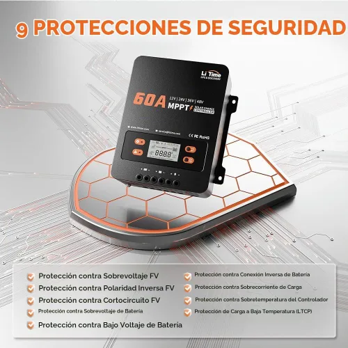 Vista 8 de LiTime 60A MPPT Controlador de Carga Solar (Sin Bluetooth Integrado), 12V/24V/36V/48V Auto, Entrada Máxima de PV 200VDC Pantalla LCD Regulador