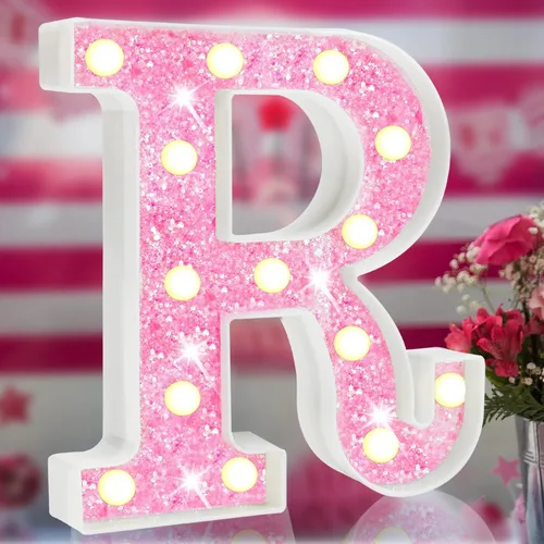 Vista 16 de Letras rosas iluminadas con purpurina, letras del alfabeto rosas, letreros de luces LED en marquesina rosas con batería para iluminación nocturna
