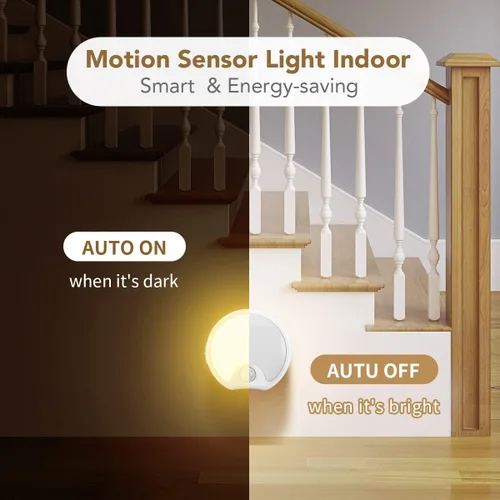 Vista 2 de Luz nocturna LED con sensor de movimiento para interiores, funciona con pilas, luces inalámbricas para inodoro, escaleras, armario, luz adhesiva