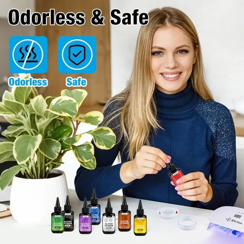 Vista 5 de JDiction Resina UV de color con purpurina, resina UV metálica de 8 colores con efecto brillante, kit de resinas de purpurina dura para fabricación