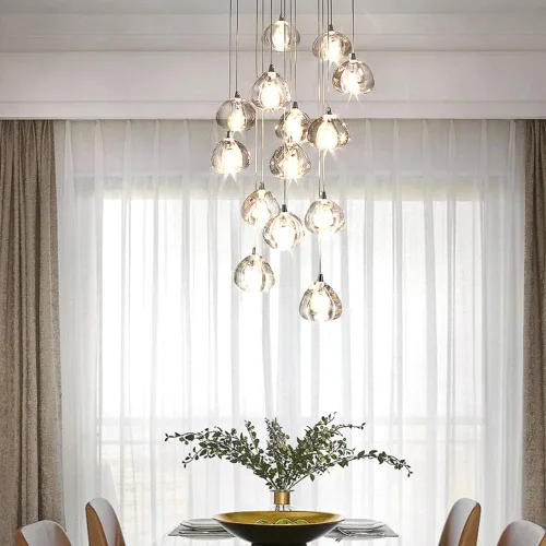 Vista 8 de Candelabro de cristal LED moderno, lámpara colgante de gota de lluvia, lámpara de techo de bola de cristal, 14 luces para escalera, sala de estar