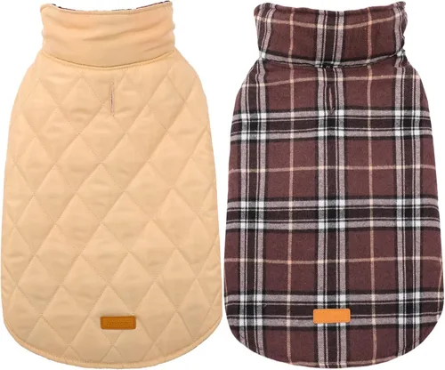 Vista 9 de Kuoser - Abrigo impermeable de invierno para perro, chaqueta reversible estilo británico, ropa para perro a cuadros, abrigo de nieve acogedor