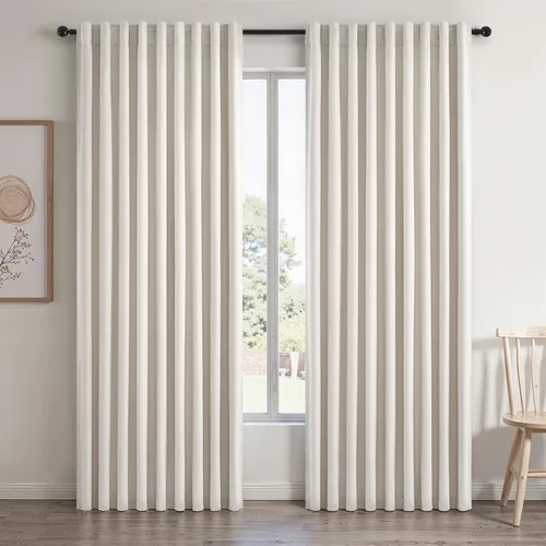 Vista 98 de Topfinel cortinas opacas de lino beige y blanco de 63 pulgadas de largo, 2 paneles para ventana pequeña, estilo natural de abedul bohemio y rústico