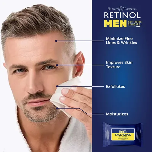 Vista 3 de LIVAURA Retinol - Toallitas húmedas para hombre envueltas individualmente, toallitas húmedas grandes para cara y cuerpo con agua micelar y vitaminas